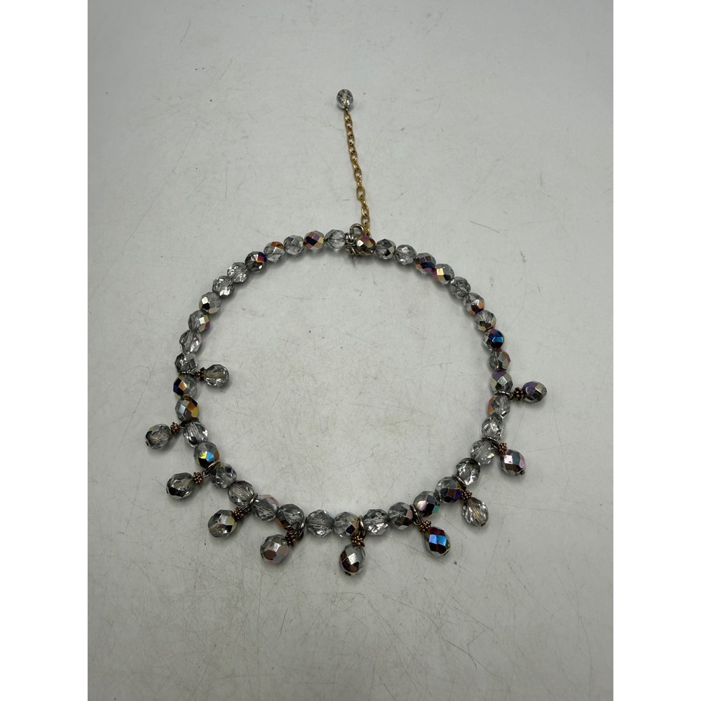 Vintage Iridescent Aurora Borealis Beaded Choker Necklace Grey Fringe 12-15in